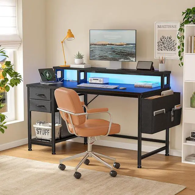 Alt view image 7 of 7 - 40" Gaming Desk with Drawers&Storage Bag, Computer Desk with Power Outlets and LED Lights, Office Desk with Monitor Stand for Bedroom Gaming Room, Study Work Home Office, Small Spaces, Black