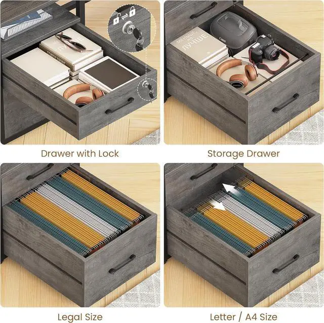 Alt view image 3 of 7 - SEDETA 63" Computer Desk, Office Desk with Lockable Drawers for Legal/Letter File, Gaming Desk with LED Lights & Power Outlet, Home Office Desks with Storage, Grey