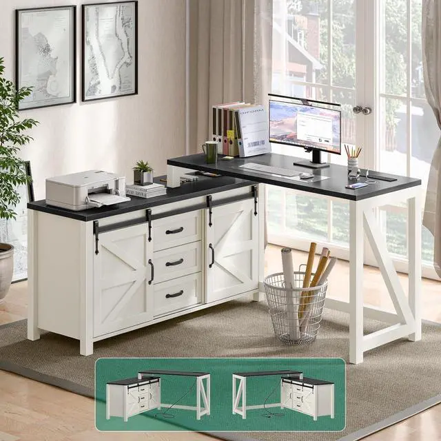 Main image of Executive L Shaped Office Desk with Drawers, Farmhouse Corner Desk for Home Office with Storage Cabinet, Computer Desk with Charging Station, Reversible Study Writing Table Workstation, Rustic White