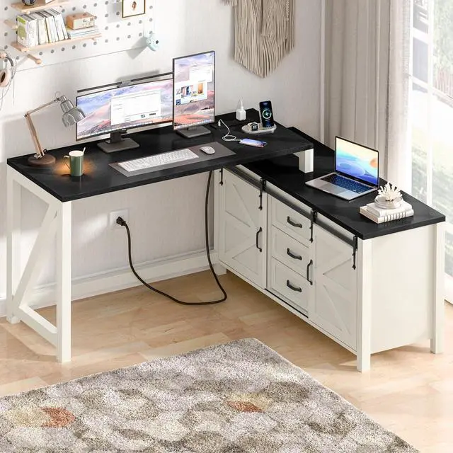 Alt view image 2 of 7 - Executive L Shaped Office Desk with Drawers, Farmhouse Corner Desk for Home Office with Storage Cabinet, Computer Desk with Charging Station, Reversible Study Writing Table Workstation, Rustic White