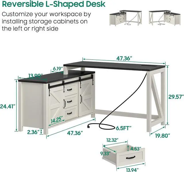 Alt view image 3 of 7 - Executive L Shaped Office Desk with Drawers, Farmhouse Corner Desk for Home Office with Storage Cabinet, Computer Desk with Charging Station, Reversible Study Writing Table Workstation, Rustic White