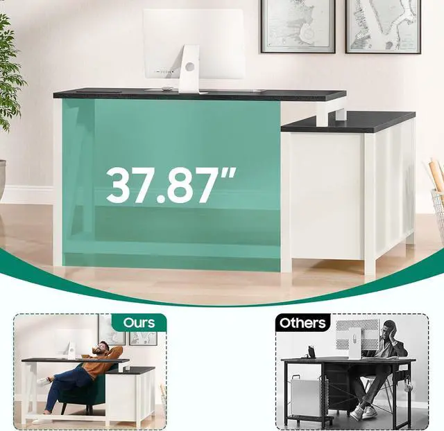 Alt view image 4 of 7 - Executive L Shaped Office Desk with Drawers, Farmhouse Corner Desk for Home Office with Storage Cabinet, Computer Desk with Charging Station, Reversible Study Writing Table Workstation, Rustic White