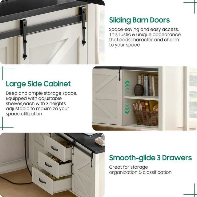 Alt view image 6 of 7 - Executive L Shaped Office Desk with Drawers, Farmhouse Corner Desk for Home Office with Storage Cabinet, Computer Desk with Charging Station, Reversible Study Writing Table Workstation, Rustic White