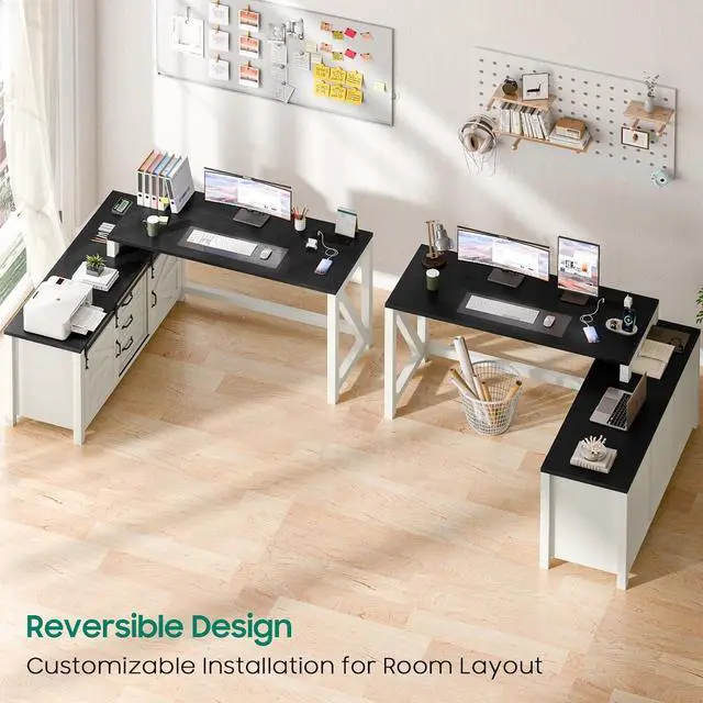 Alt view image 7 of 7 - Executive L Shaped Office Desk with Drawers, Farmhouse Corner Desk for Home Office with Storage Cabinet, Computer Desk with Charging Station, Reversible Study Writing Table Workstation, Rustic White