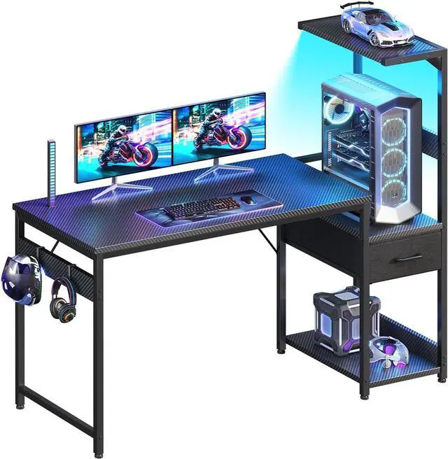 Main image of Casaottima 48 Inch Gaming Desk with Storage & LED Lights, Reversible Computer Desk with Display Shelves & Fabric Drawer, Modern Gamer Desk Table with Side Headphone Hook, Carbon Fiber Black