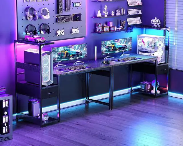 Alt view image 2 of 6 - Casaottima 48 Inch Gaming Desk with Storage & LED Lights, Reversible Computer Desk with Display Shelves & Fabric Drawer, Modern Gamer Desk Table with Side Headphone Hook, Carbon Fiber Black