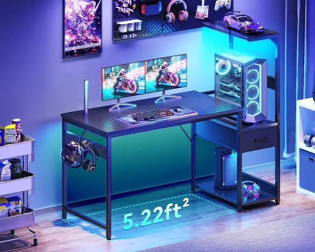 Alt view image 3 of 6 - Casaottima 48 Inch Gaming Desk with Storage & LED Lights, Reversible Computer Desk with Display Shelves & Fabric Drawer, Modern Gamer Desk Table with Side Headphone Hook, Carbon Fiber Black
