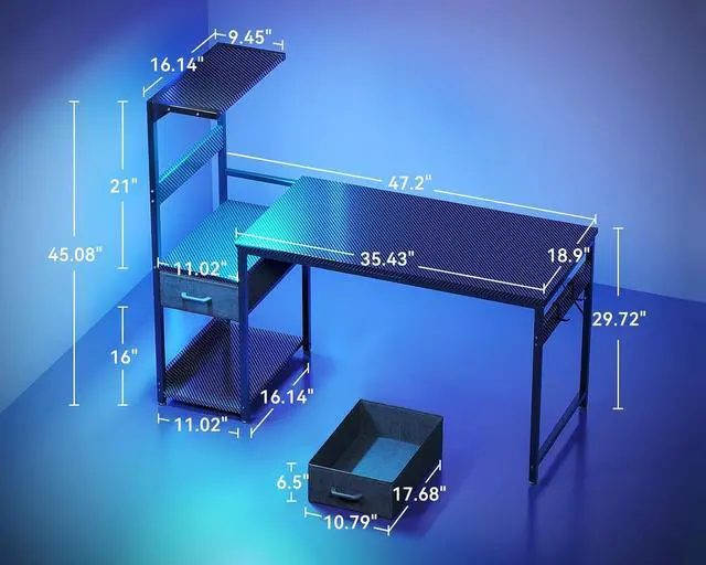 Alt view image 4 of 6 - Casaottima 48 Inch Gaming Desk with Storage & LED Lights, Reversible Computer Desk with Display Shelves & Fabric Drawer, Modern Gamer Desk Table with Side Headphone Hook, Carbon Fiber Black