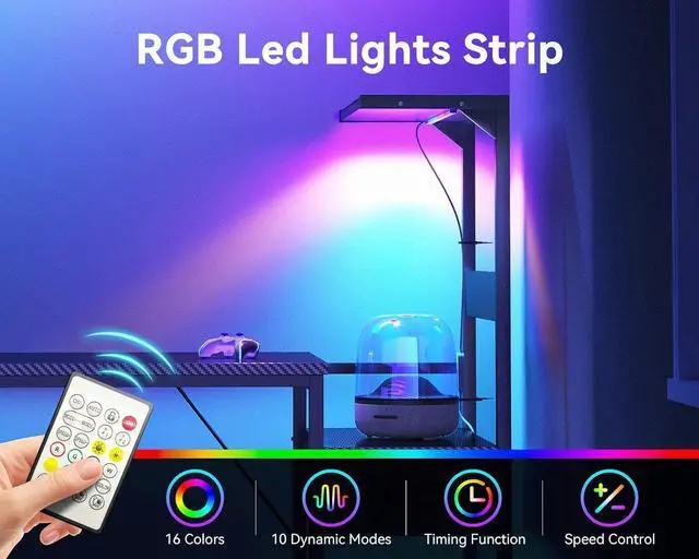 Alt view image 5 of 6 - Casaottima 48 Inch Gaming Desk with Storage & LED Lights, Reversible Computer Desk with Display Shelves & Fabric Drawer, Modern Gamer Desk Table with Side Headphone Hook, Carbon Fiber Black