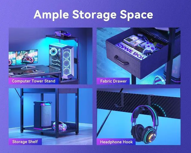 Alt view image 6 of 6 - Casaottima 48 Inch Gaming Desk with Storage & LED Lights, Reversible Computer Desk with Display Shelves & Fabric Drawer, Modern Gamer Desk Table with Side Headphone Hook, Carbon Fiber Black