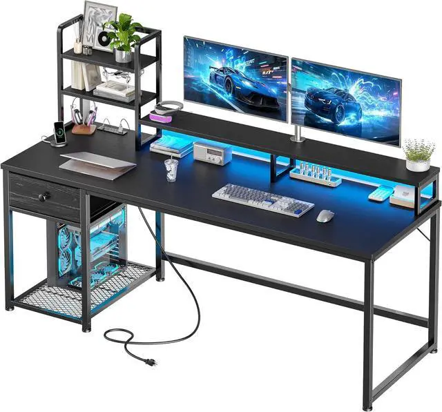 Main image of EnHomee 55 Inch Computer Desk with Hutch and Drawers, Reversible Gaming Desk with Monitor Shelf, Home Office Desks with USB Power Outlets and Storage, Pc Small Desk for Office with LED Lights, Black