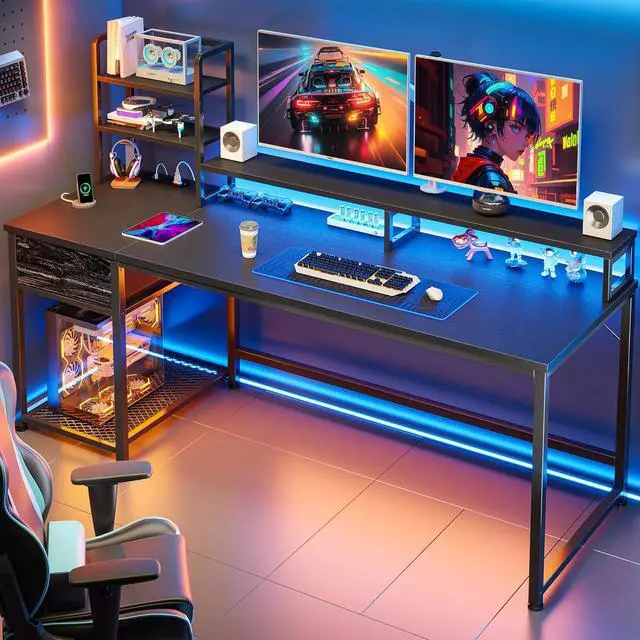 Alt view image 2 of 7 - EnHomee 55 Inch Computer Desk with Hutch and Drawers, Reversible Gaming Desk with Monitor Shelf, Home Office Desks with USB Power Outlets and Storage, Pc Small Desk for Office with LED Lights, Black