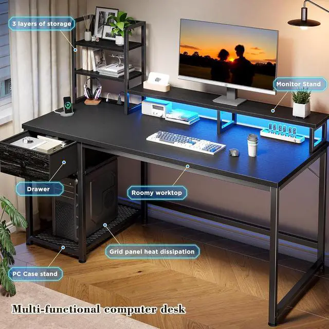 Alt view image 4 of 7 - EnHomee 55 Inch Computer Desk with Hutch and Drawers, Reversible Gaming Desk with Monitor Shelf, Home Office Desks with USB Power Outlets and Storage, Pc Small Desk for Office with LED Lights, Black