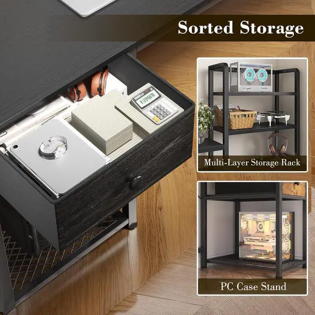 Alt view image 5 of 7 - EnHomee 55 Inch Computer Desk with Hutch and Drawers, Reversible Gaming Desk with Monitor Shelf, Home Office Desks with USB Power Outlets and Storage, Pc Small Desk for Office with LED Lights, Black