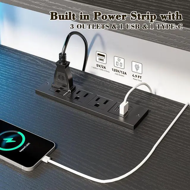 Alt view image 6 of 7 - EnHomee 55 Inch Computer Desk with Hutch and Drawers, Reversible Gaming Desk with Monitor Shelf, Home Office Desks with USB Power Outlets and Storage, Pc Small Desk for Office with LED Lights, Black