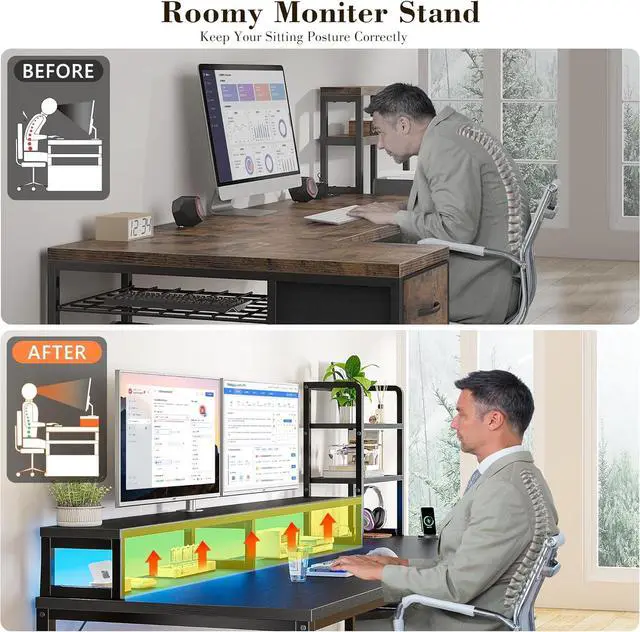 Alt view image 7 of 7 - EnHomee 55 Inch Computer Desk with Hutch and Drawers, Reversible Gaming Desk with Monitor Shelf, Home Office Desks with USB Power Outlets and Storage, Pc Small Desk for Office with LED Lights, Black