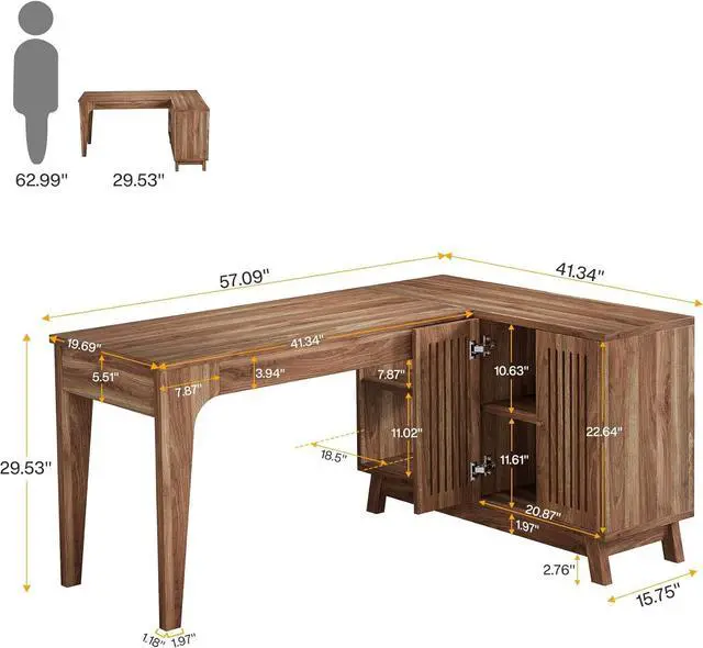 Alt view image 2 of 7 - Tribesigns L-Shaped Desk with Storage Cabinet, 57-Inch Wood Corner Workstation, Home Office Computer Desk, Study Writing Table for Bedroom, Walnut