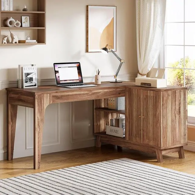 Alt view image 3 of 7 - Tribesigns L-Shaped Desk with Storage Cabinet, 57-Inch Wood Corner Workstation, Home Office Computer Desk, Study Writing Table for Bedroom, Walnut