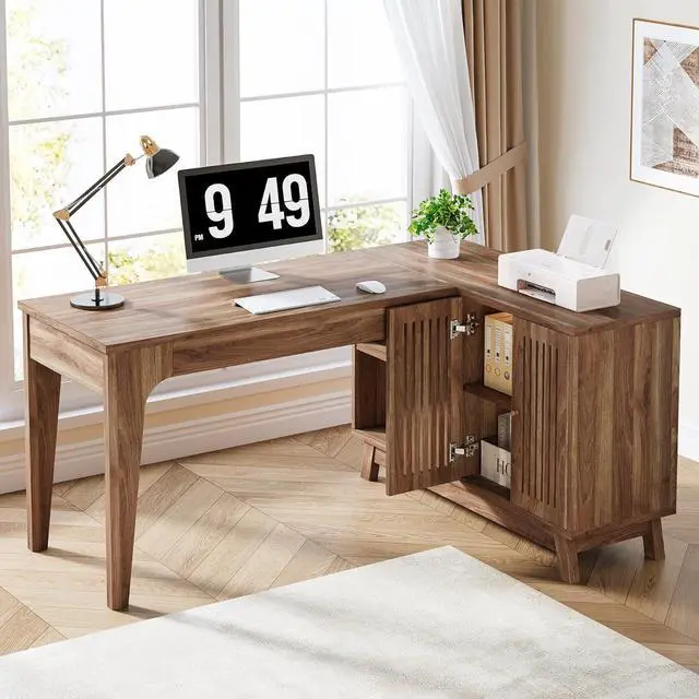 Alt view image 4 of 7 - Tribesigns L-Shaped Desk with Storage Cabinet, 57-Inch Wood Corner Workstation, Home Office Computer Desk, Study Writing Table for Bedroom, Walnut