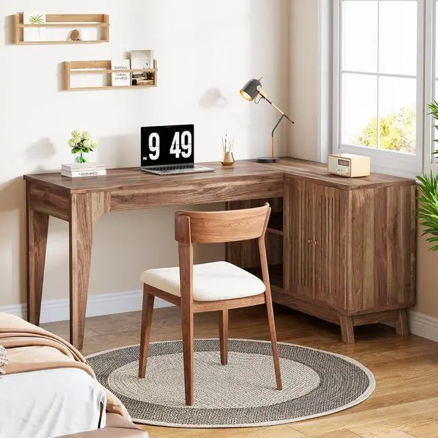 Alt view image 5 of 7 - Tribesigns L-Shaped Desk with Storage Cabinet, 57-Inch Wood Corner Workstation, Home Office Computer Desk, Study Writing Table for Bedroom, Walnut