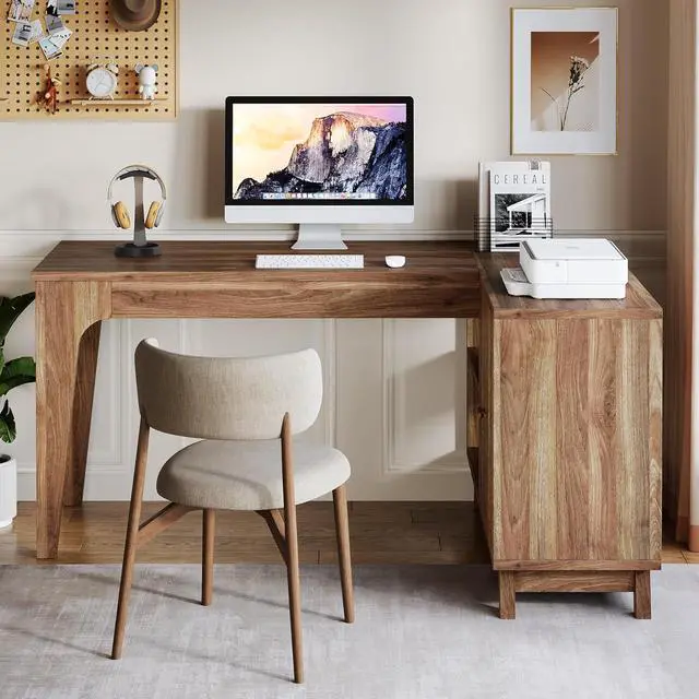 Alt view image 6 of 7 - Tribesigns L-Shaped Desk with Storage Cabinet, 57-Inch Wood Corner Workstation, Home Office Computer Desk, Study Writing Table for Bedroom, Walnut