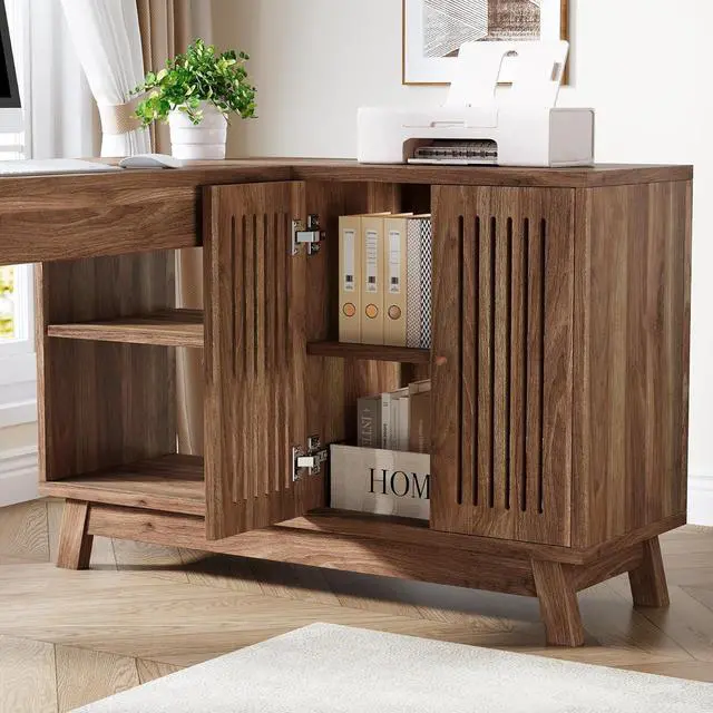 Alt view image 7 of 7 - Tribesigns L-Shaped Desk with Storage Cabinet, 57-Inch Wood Corner Workstation, Home Office Computer Desk, Study Writing Table for Bedroom, Walnut