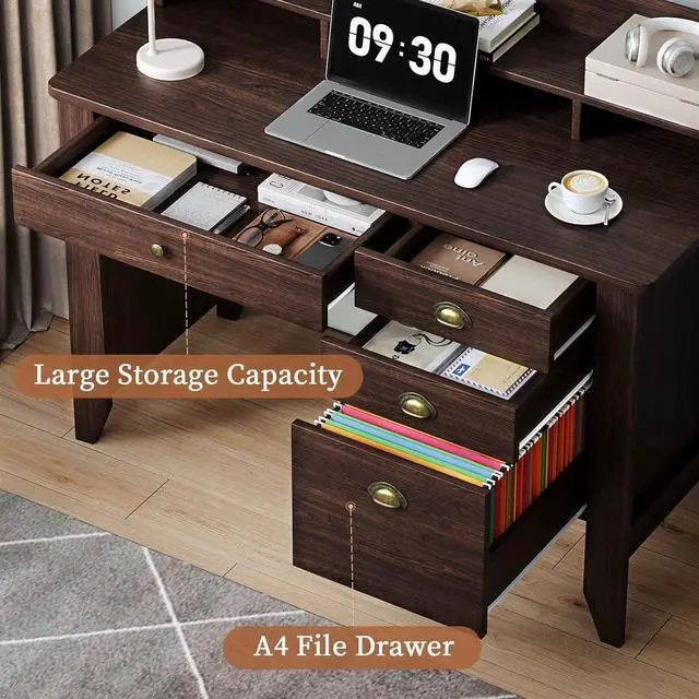 Alt view image 3 of 7 - 4 EVER WINNER Small Desk with Drawers, Office Desk with File Drawer and Monitor Stand, Writing Desk Study Table for Small Spaces, Espresso