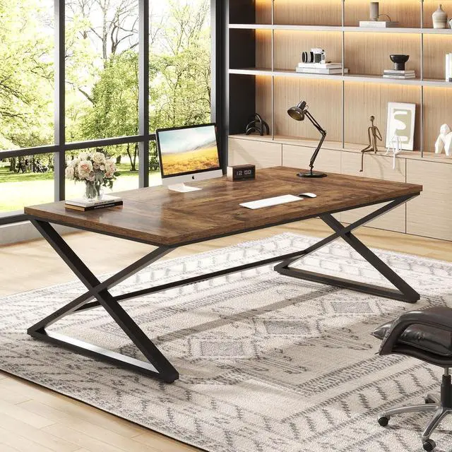 Alt view image 3 of 7 - IBF Rustic Large Desk for Home Office, 78.7" Extra Long Computer Desk, Wood Metal Wide Work Desk for Study Writing, Farmhouse Dual Monitor Workstation Gaming Desk Computer Table, Rustic Brown