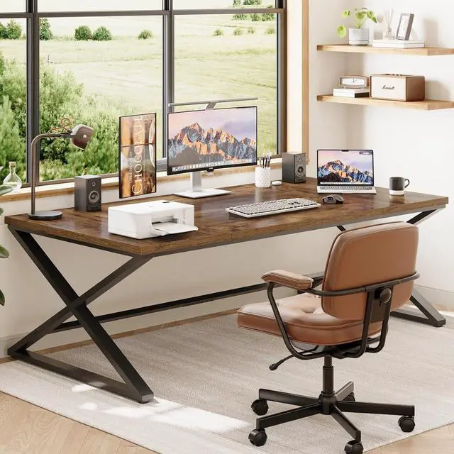 Alt view image 6 of 7 - IBF Rustic Large Desk for Home Office, 78.7" Extra Long Computer Desk, Wood Metal Wide Work Desk for Study Writing, Farmhouse Dual Monitor Workstation Gaming Desk Computer Table, Rustic Brown