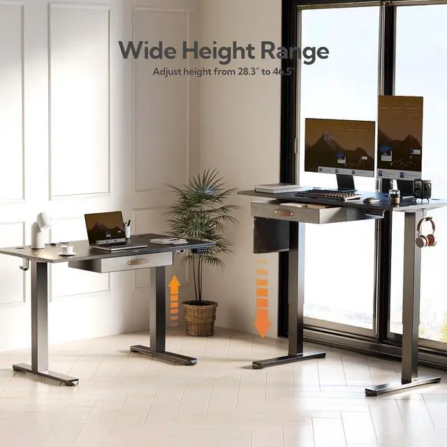 Alt view image 6 of 7 - Seang Standing Desk with Drawer, 48" x 24" Height Adjustable Stand Up Desk, 3 Memory Height Settings with Cable Grommets & Storage Hooks, Ideal for Home & Office, Black