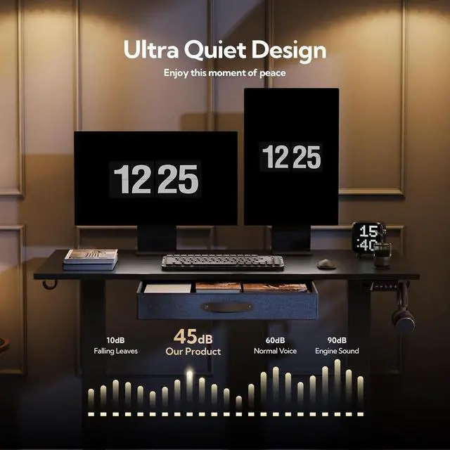 Alt view image 7 of 7 - Seang Standing Desk with Drawer, 48" x 24" Height Adjustable Stand Up Desk, 3 Memory Height Settings with Cable Grommets & Storage Hooks, Ideal for Home & Office, Black