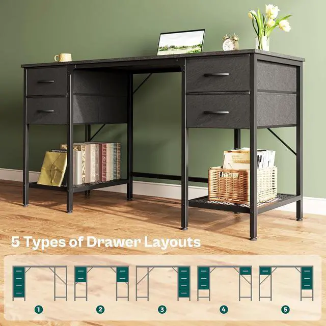 Alt view image 7 of 7 - Huuger 55 Inch Computer Desk with 4 Drawers and Mesh Shelf, Gaming and Work Desk for Home Office, Study, Bedroom, Work from Home