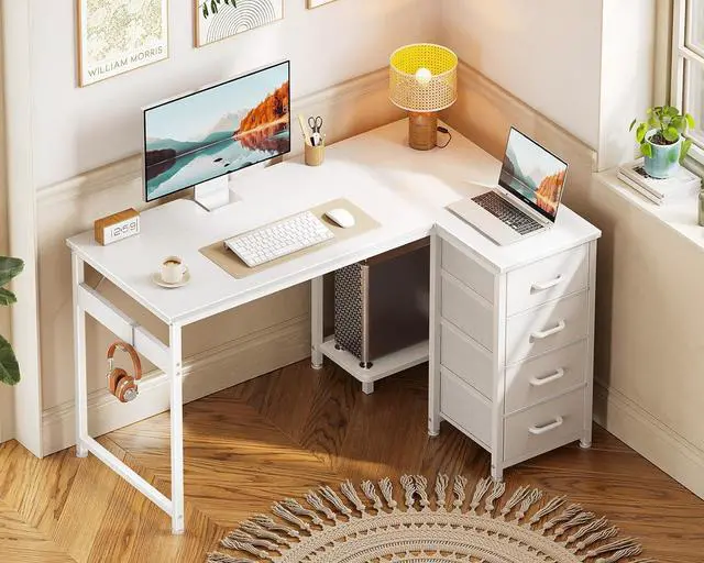 Alt view image 2 of 6 - Casaottima L Shaped Desk with 4 Drawers, 40" Small White Computer Desk with Storage, Reversible Kids Study Desk with CPU Stand & Hook, Corner Desk for Home Office