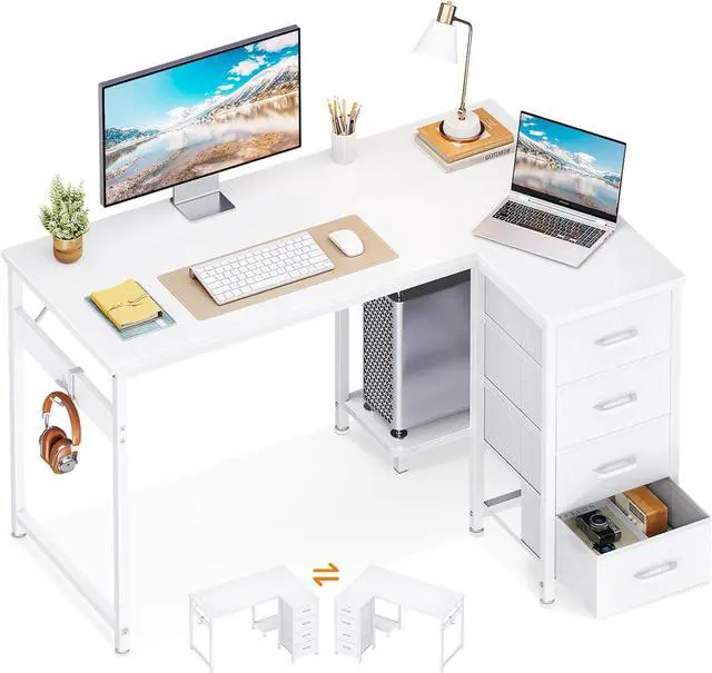 Main image of Casaottima L Shaped Desk with 4 Drawers, 40" Small White Computer Desk with Storage, Reversible Kids Study Desk with CPU Stand & Hook, Corner Desk for Home Office