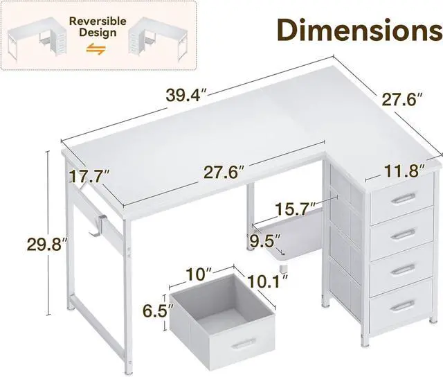 Alt view image 3 of 6 - Casaottima L Shaped Desk with 4 Drawers, 40" Small White Computer Desk with Storage, Reversible Kids Study Desk with CPU Stand & Hook, Corner Desk for Home Office