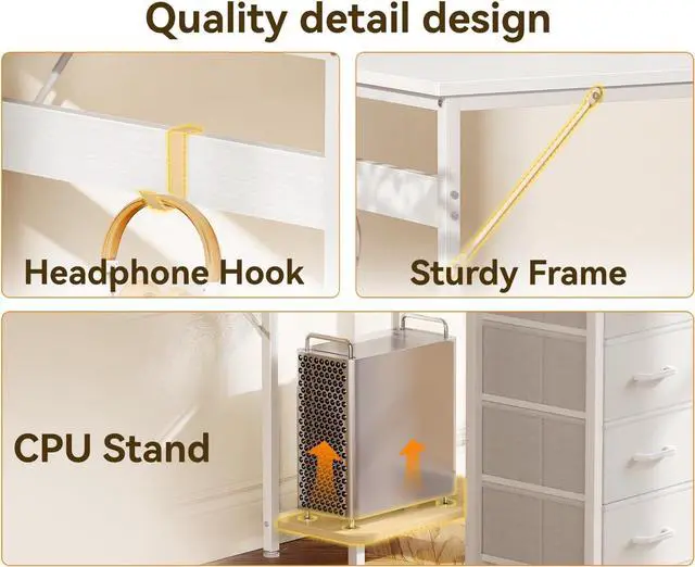 Alt view image 5 of 6 - Casaottima L Shaped Desk with 4 Drawers, 40" Small White Computer Desk with Storage, Reversible Kids Study Desk with CPU Stand & Hook, Corner Desk for Home Office