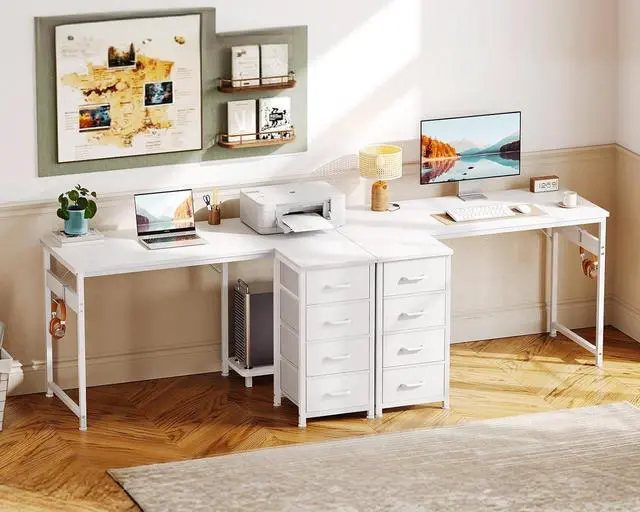 Alt view image 6 of 6 - Casaottima L Shaped Desk with 4 Drawers, 40" Small White Computer Desk with Storage, Reversible Kids Study Desk with CPU Stand & Hook, Corner Desk for Home Office