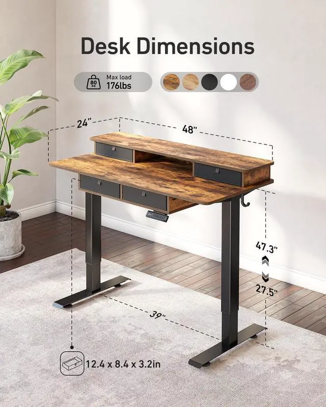 Alt view image 3 of 7 - FEZIBO 48 x 24 inch Electric Standing Desk Adjustable Height with 4 Drawers, Sit Stand Desk, Home Office Stand Up Table with 4 Height-Adjustable Feets & 2 Hooks,Rustic Brown Top, 48 inch