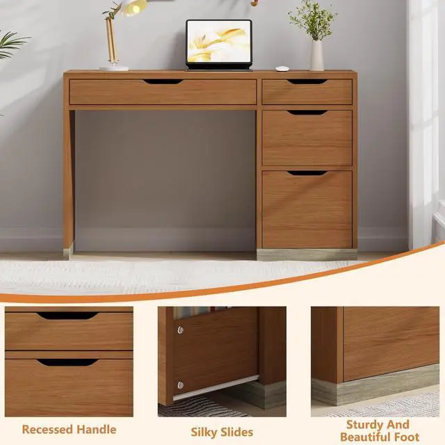 Alt view image 3 of 7 - 48 Inch Small Desk with 4 Drawers, Computer Desk with Storage File Cabinet for Bedroom, Home Office Desk with Storage for Small Space, Brown