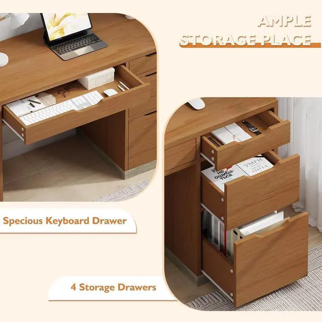 Alt view image 4 of 7 - 48 Inch Small Desk with 4 Drawers, Computer Desk with Storage File Cabinet for Bedroom, Home Office Desk with Storage for Small Space, Brown