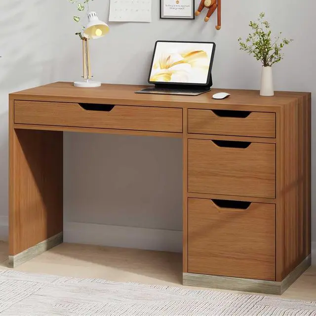 Alt view image 5 of 7 - 48 Inch Small Desk with 4 Drawers, Computer Desk with Storage File Cabinet for Bedroom, Home Office Desk with Storage for Small Space, Brown