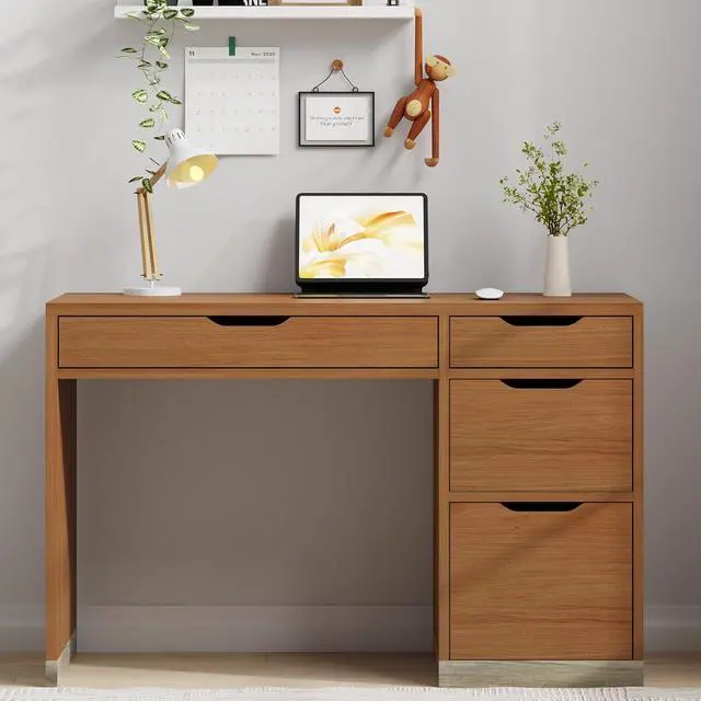 Alt view image 6 of 7 - 48 Inch Small Desk with 4 Drawers, Computer Desk with Storage File Cabinet for Bedroom, Home Office Desk with Storage for Small Space, Brown