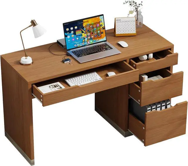 Alt view image 7 of 7 - 48 Inch Small Desk with 4 Drawers, Computer Desk with Storage File Cabinet for Bedroom, Home Office Desk with Storage for Small Space, Brown