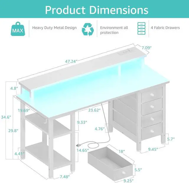 Alt view image 2 of 7 - Lufeiya White Desk with Drawers Storage - 47 inch Home Office Computer Gaming Desks with Monitor Stand LED Lights and Power Outlets, White