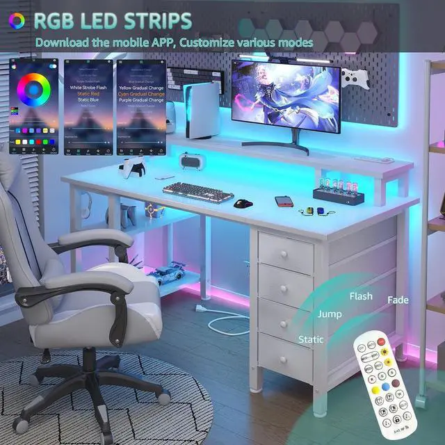 Alt view image 3 of 7 - Lufeiya White Desk with Drawers Storage - 47 inch Home Office Computer Gaming Desks with Monitor Stand LED Lights and Power Outlets, White