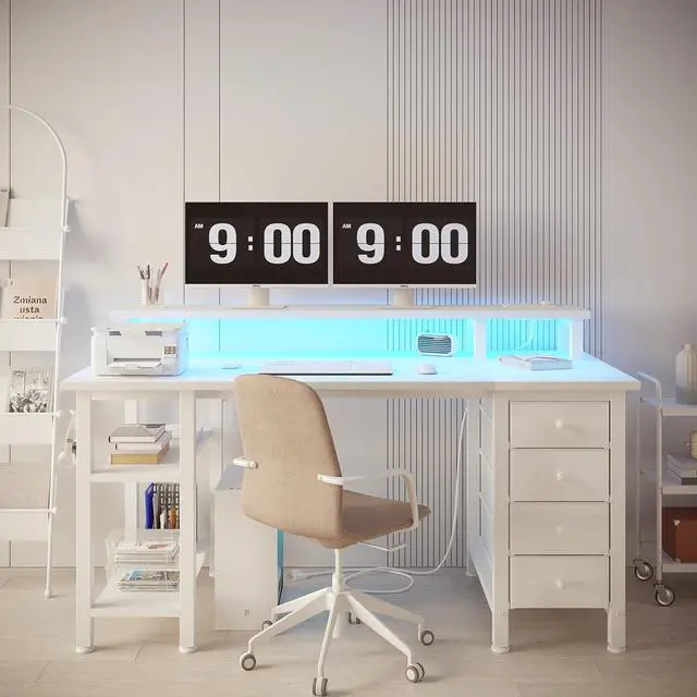 Alt view image 4 of 7 - Lufeiya White Desk with Drawers Storage - 47 inch Home Office Computer Gaming Desks with Monitor Stand LED Lights and Power Outlets, White