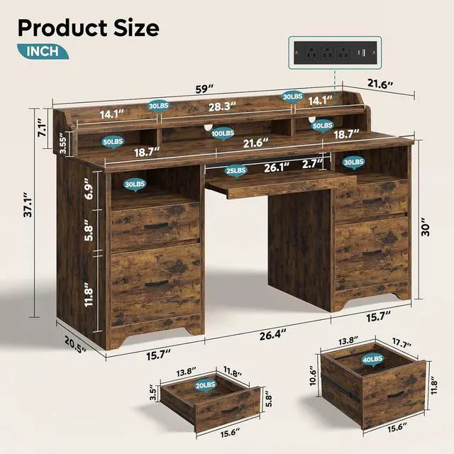 Alt view image 2 of 7 - Bestier Farmhouse 59" Executive Desk with Drawers, Wood Computer Desk with Charging Station, Home Office Desk with Keyboard Tray & Monitor Stand, Sturdy Pedestal Desk for Work Study, Rustic Brown