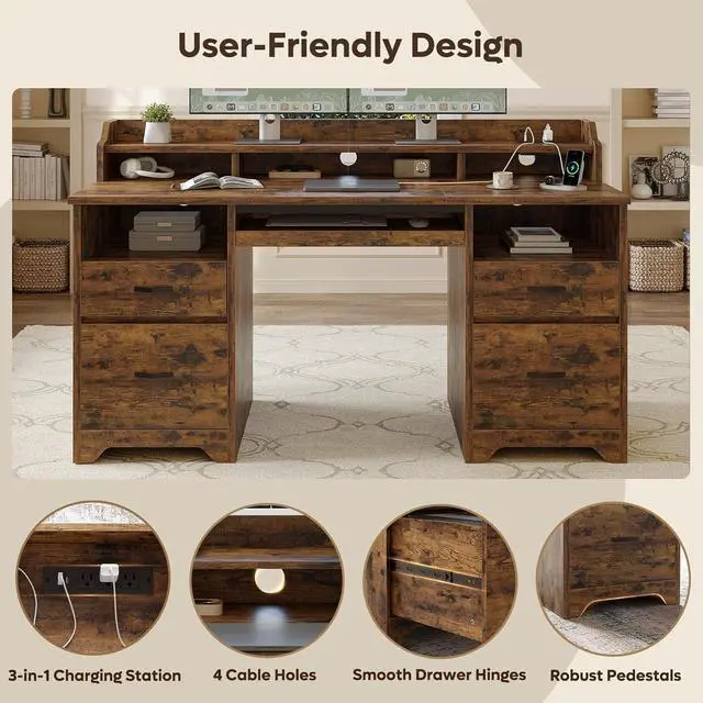 Alt view image 4 of 7 - Bestier Farmhouse 59" Executive Desk with Drawers, Wood Computer Desk with Charging Station, Home Office Desk with Keyboard Tray & Monitor Stand, Sturdy Pedestal Desk for Work Study, Rustic Brown