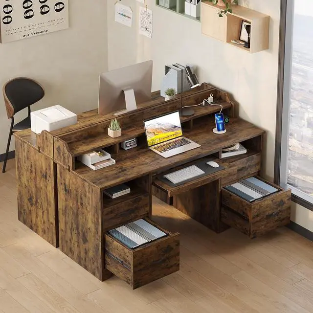 Alt view image 6 of 7 - Bestier Farmhouse 59" Executive Desk with Drawers, Wood Computer Desk with Charging Station, Home Office Desk with Keyboard Tray & Monitor Stand, Sturdy Pedestal Desk for Work Study, Rustic Brown