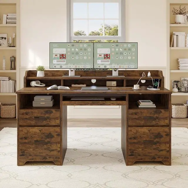 Alt view image 7 of 7 - Bestier Farmhouse 59" Executive Desk with Drawers, Wood Computer Desk with Charging Station, Home Office Desk with Keyboard Tray & Monitor Stand, Sturdy Pedestal Desk for Work Study, Rustic Brown